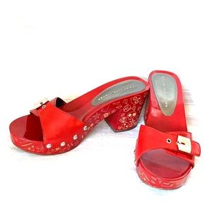 Red Marc Jacobs wooden carved block heels clogs